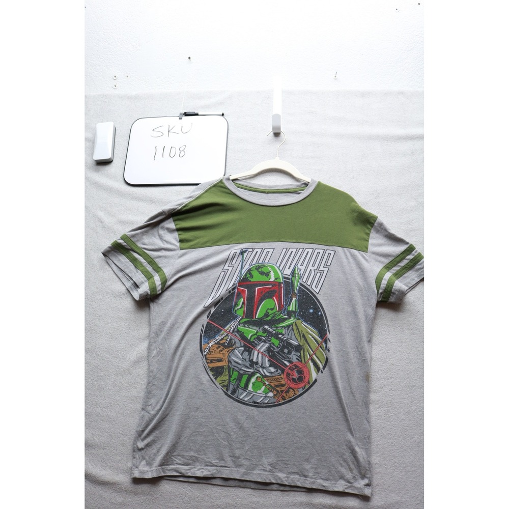 Star Wars T-Shirt Mens XL Grey Boba Fett Graphic Ringer Sleeve Tee 1108